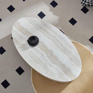 Tavolino <span class=keywords><strong>da</strong></span> Caffè in Fibra di Vetro Wabi Sabi, Design Ovale Organico con Texture Travertino - Product Image 4