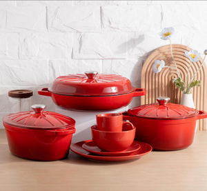 Elegant Glossy Red Enamel Style Ceramic Casserole <b>Set</b>, <b>Stoneware</b> Casserole Cookware & <b>Dinnerware</b> for Modern Kitchen & Gifting - Product Image 1