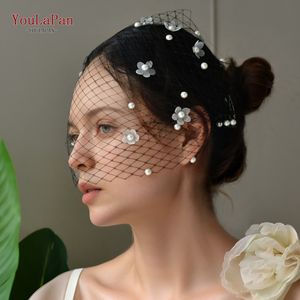 YouLaPan VA15 fabrika doğrudan satış yüksek kalite gelin örgü 3D çiçek inci dekorasyon Retro kafes siyah ve beyaz peçe - Product Image 3