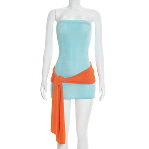 Viviblook Y26DS038 Women Spring Summer New Strapless Off Shoulder Color Blocking Ribbon Bodycon <b>Mini</b> Party Dress - Product Image 2