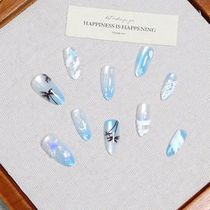 30 faux ongles à presser, bleu chrome, style français, couvrance totale, forme amande moyenne, motif floral, longue durée, réutilisables - Product Image 4