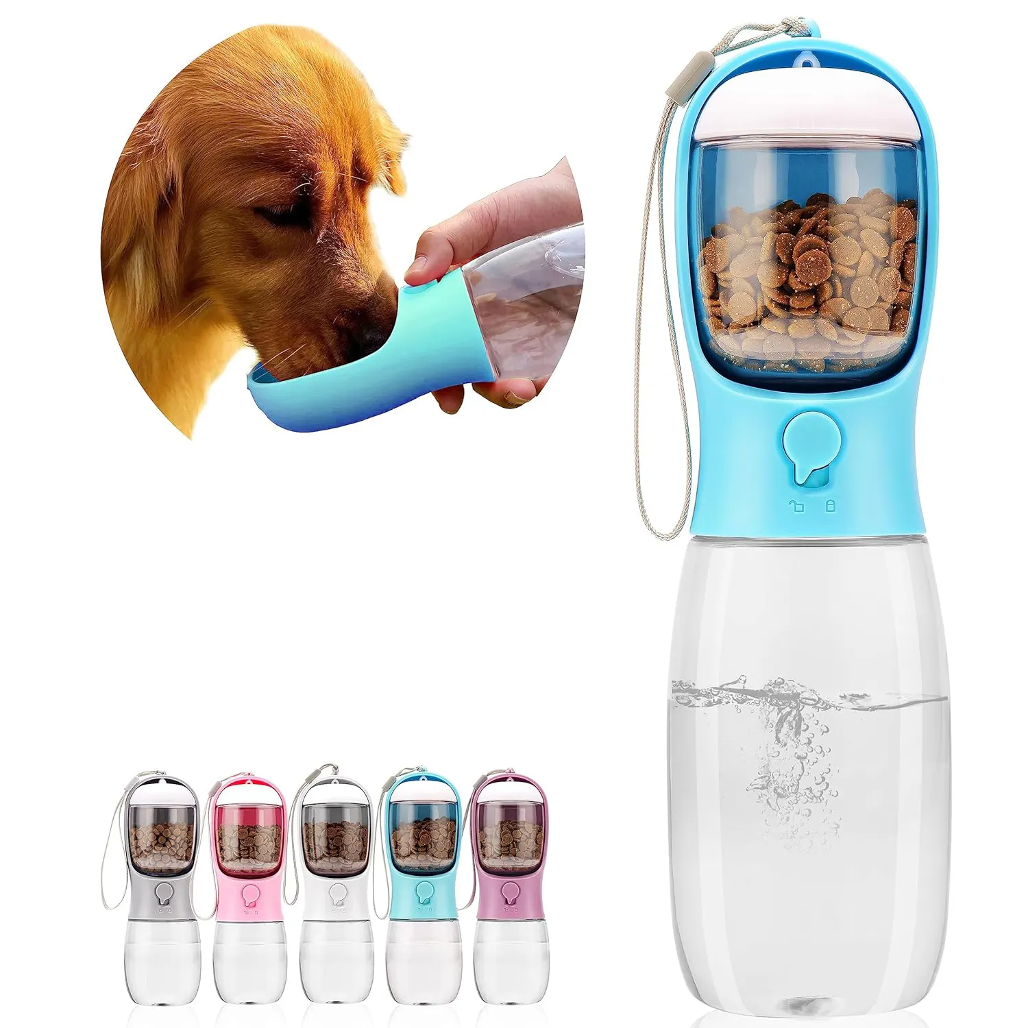 Leak Proof Portable Dog Water Bottle with Food Container, Outdoor Portable Travel Water Dispenser for Dog, Cat,Puppy