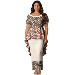 사모아 프린트 폴리네시안 스왈로우테일 헴 스타일 탑과 스커트 라지 사이즈 여성용 롱 풀레타시 드레스 2피스 세트 의상 - Product Image 6