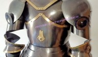 Armure complète en acier inoxydable de chevalier croisé médiéval avec base en bois, cornes de guerrier portables pour cadeaux