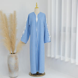 2024 grosir pakaian Linen Islami Cardigan Abaya terbuka dengan ikatan simpul pakaian wanita Abaya gaun Muslim wanita - Product Image 5