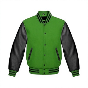 Chaqueta Varsity para Hombre en Color Verde con Bloques de Color, Mangas de Cuero Sintético Negro, Cuello Mao, Transpirable, Logotipo Frontal, Estilo Bomber - Product Image 1