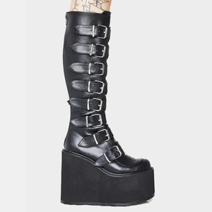 Chaussures à talons compensés Super hauts de 12CM, chaussures à plate-forme augmentant la hauteur pour femmes, bottes hautes noires Punk à Tube Long - Product Image 4