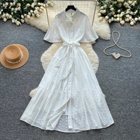 Robe longue décontractée pour femme, coupe trapèze, col chemise, manches courtes, ceinturée, ajourée, pour le quotidien