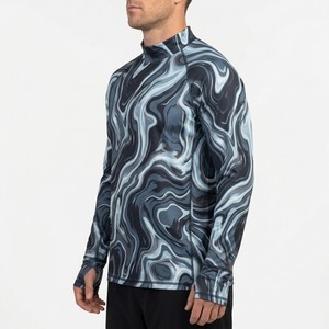 100% Polyester Men's Long Sleeve Quick Dry UPF 50 Anti-UV Hooded Fishing Shirt Green Marble Swirl <b>Print</b> Mock Neck Pullover <b>Top</b> - Product Image 4
