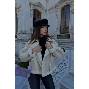 Manteau en laine contrasté crème pour femme, veste élégante - Product Image 5