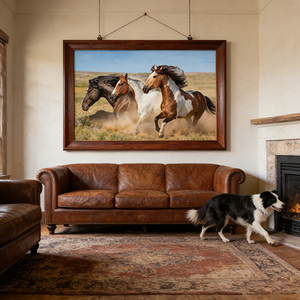 Impression sur papier acrylique personnalisée de chevaux sauvages peints à la main, <span class=keywords><strong>paysage</strong></span> de prairie occidentale, art mural encadré en bois, imperméable, décoration de salon - Product Image 3