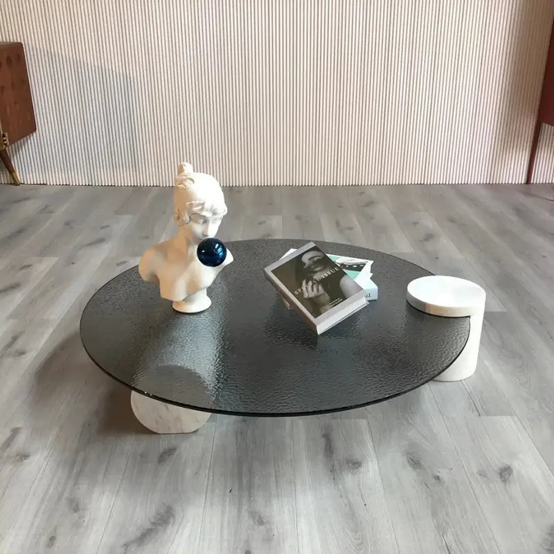 ATUNUS yeni tasarım oturma odası mobilya koyu gri yuvarlak cam üst sehpa mermer çerçeve ile
