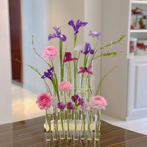 Glass Office Tabletop Flower Vase Hydroponic Plant Container Home Decor Brown Solid Wooden <strong>Rack</strong> Test <strong>Tube</strong> Mini Vases - Product Image 6