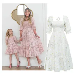 2024 Wholesale Cake Dress Family Matching Clothes Mommy And Me Dresses Kids Women Floral Puff Sleeve Dress