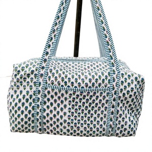 Cotton Weekender Travel <b>Bag</b>, Handmade Quilted Fabric Duffle <b>Bag</b>, Block Printed <b>Overnight</b> <b>Bags</b>, Hand Luggage <b>Bag</b>, <b>Bags</b> for Women, - Product Image 1