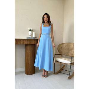 Robe de soirée longue en satin bleu ciel en gros, robe de bal, ceinture, taille empire crochetée, style de fête, taille XS, longueur au sol, bal de promo - Product Image 6