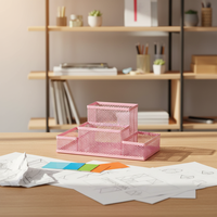 Organisateur de bureau carré en métal durable rose à 4 compartiments, personnalisable, avec porte-stylos et crayons en maille élégante pour bureau, salle de classe, maison, école