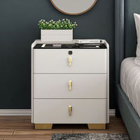 Table de chevet moderne de luxe en cuir extensible à 3 tiroirs avec charge sans fil, verrouillage par empreinte digitale, éclairage LED intelligent