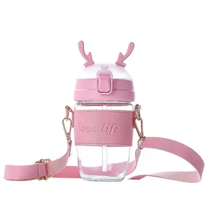 YOUTAI cute antler lid christmas gift glass water bottle with rope for your girlfriend