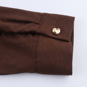 Vestido Maxi de Manga Larga Estilo Vintage, Tejido Natural Color Marrón, para Mujer, Cuello en V, Botones, Lazos, Servicio OEM - Product Image 4