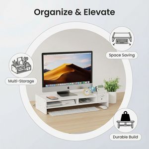 Desktop <b>Computer</b> Stand White 2 Tier Monitor Riser <b>Office</b> Desk Storage Organizer With Wifi Port For Home <b>Office</b> Use - Product Image 5