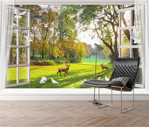 Mural <span class=keywords><strong>de</strong></span> Arte <span class=keywords><strong>de</strong></span> pared natural con Vista <span class=keywords><strong>de</strong></span> ventana realista con ciervos y palomas para decoración Interior tranquila papel tapiz impermeable para dormitorio - Product Image 3