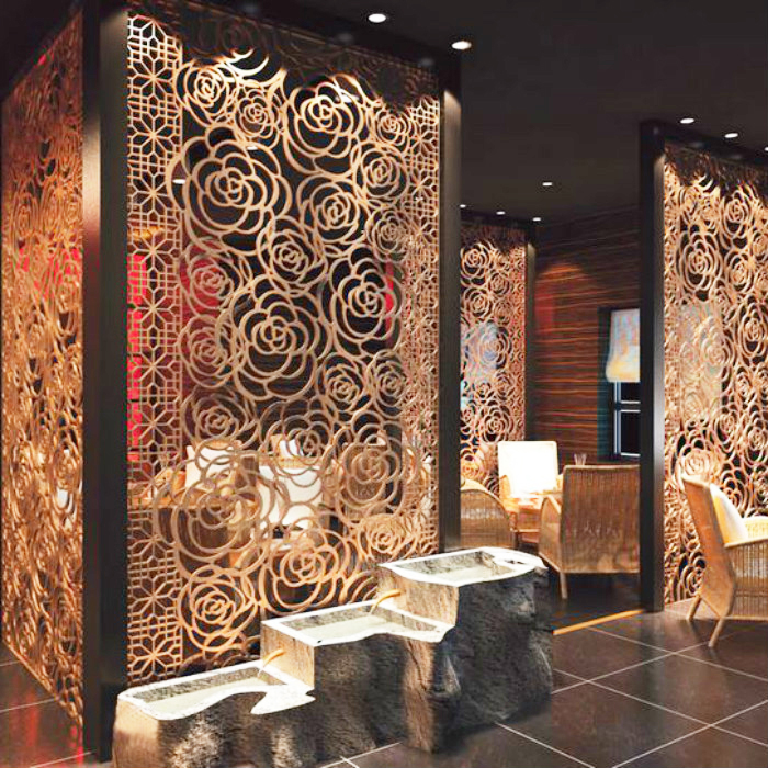 Перегородки для гостиной из нержавеющей стали с золотым цветочным узором, лазерная резка, настенный экран, разделительные перегородки