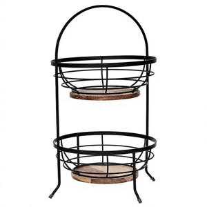 Panier à fruits en fil métallique noir avec base en bois pour hôtels, restaurants et traiteurs – Plateau de présentation de table, panier à pain pour buffet - Product Image 1