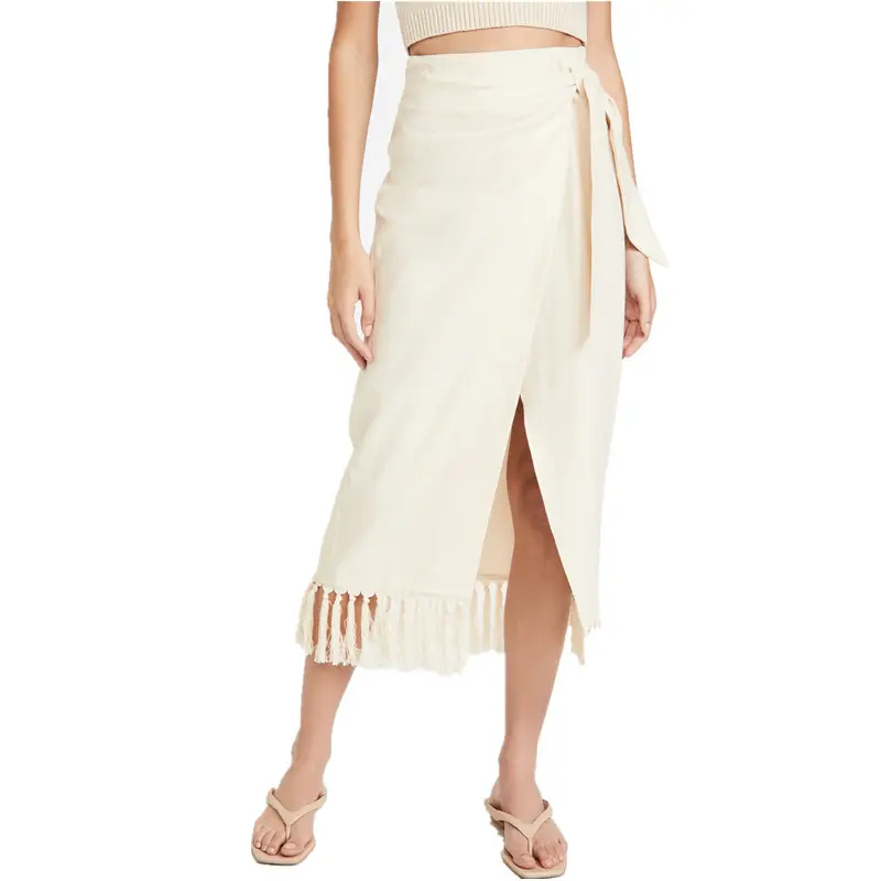 Fashion customized Ivory cotton high waist Asymmetric wrap tie tassel robe casual women long Skirt