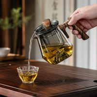 Théière en verre borosilicate gris fumé de qualité supérieure de 400 ml avec base en forme de montagne 3D et poignée en bois pour verres à thé assortis