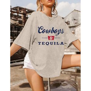 Camiseta Corta Oversize con Estampado Vintage de Cowboys y Tequila para Mujer, Manga Corta, Transpirable, Ropa Casual - Product Image 2