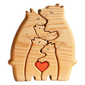 家庭木爱动物个性化熊家庭4个5个木制艺术拼图摆件木熊家庭拼图