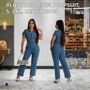 Combinaison en jean taille haute pour femme, tricotée, à manches courtes, col rabattu, longueur intégrale, couleur unie, respirante, style décontracté urbain - Product Image 2