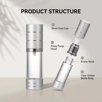 Bouteille en plastique transparente argentée personnalisée de 15 ml avec bouchon à vis, bouteille sans air en aluminium pour cosmétiques - MOQ10000PS