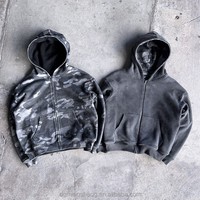 OEM Veste réversible zippée camouflage vintage oversize à épaules tombantes pour homme, et Hoodie court coupe carrée en tricot gaufré camouflage délavé à l'acide pour homme