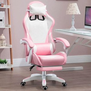 เก้าอี้เกมมิ่งสีชมพูและสีขาว หนัง PU พร้อมที่พักเท้า เก้าอี้สำนักงานปรับเอนได้ สำหรับผู้หญิง นักเรียน นักศึกษา ใช้เรียนหรือไลฟ์สด - Product Image 3