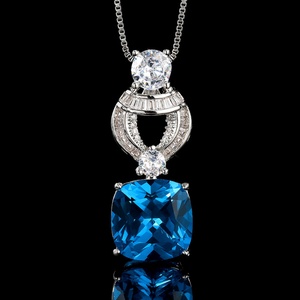 Fashion Elegant Eco-friendly Copper Gold Plated 12*12mm Blue Zircon Pendant <b>Earrings</b> Jewelry <b>Set</b> for Women High Quality - Product Image 5