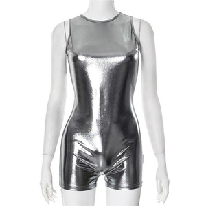 <span class=keywords><strong>Tuta</strong></span> Corta Aderente <span class=keywords><strong>Argento</strong></span> Metallizzato da Donna, Abbigliamento Sexy Senza Maniche e Senza Schienale per Festival e Rave - Product Image 5