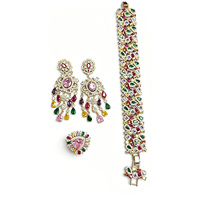 TIANSHE (Ensemble 3 pièces : Boucles d'oreilles/Bracelet/Bague) Bijoux fantaisie européens/américains en or avec zircon coloré