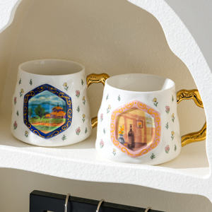 Ensemble de tasses à café en céramique avec poignée dorée, motif peinture à l'huile, pour cadeaux en gros, ensemble cadeau de tasses, tasse à boire personnalisée - Product Image 2