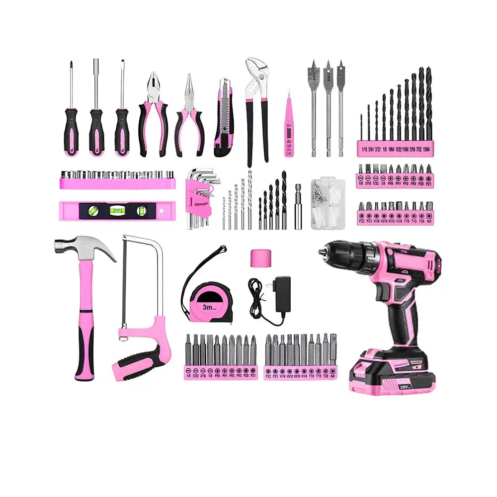 Juego de herramientas de taladro rosa, juego de herramientas eléctricas de Taladro Inalámbrico de 20V para hombres, reparación manual en el hogar, caja de herramientas básica, juegos de herramientas, estuche de taladros