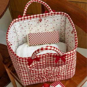 Nouvel Arrivage Panier de Rangement en Coton Rouge à Carreaux avec Nœud, Esthétique, pour Articles Divers, Portable, Panier à Linge - Product Image 3
