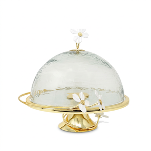 Newly design <b>Glass</b> Dome <b>Cake</b> <b>Stand</b> with Gold Metal Base and White Daisy Flower Decor Reusable Dessert Display Cover - Product Image 1