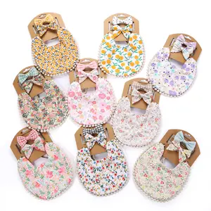 Kangobaby Custom Safe Flax Muslin Baby Bibs Double Sided Cotton Bibs With Lace-up Burp Cloth Bowknot Baby Headbands Two-piece