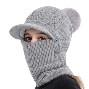 Bonnet tricoté torsadé pour femme avec <span class=keywords><strong>masque</strong></span> facial amovible et cache-cou, bonnet d'hiver à pompon avec visière - Product Image 3