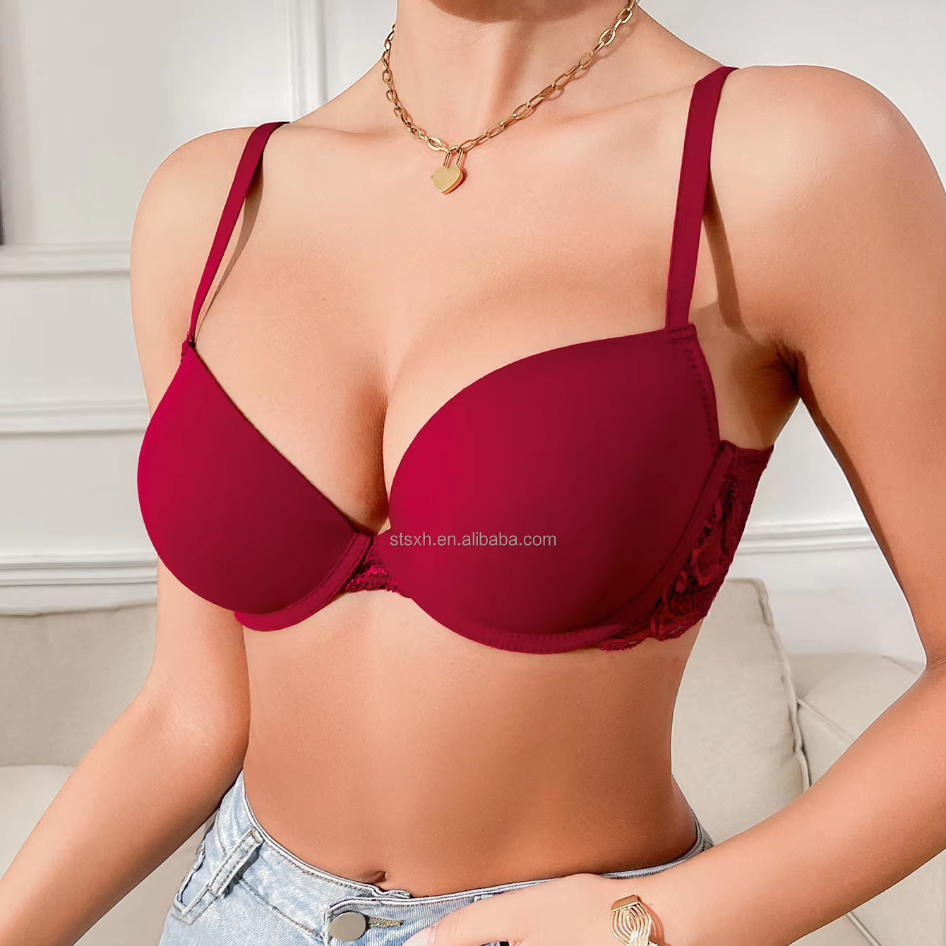 Explosions Solid Color Smooth Gathered Bra with Lace Deep V-shaped Closed Breast Skin-friendly Daily Underwear Bra