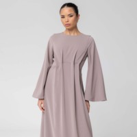 Robe Abaya musulmane Aschulman en gros, couleur unie, plissée, col rond, maxi, pour femmes, robe musulmane une pièce