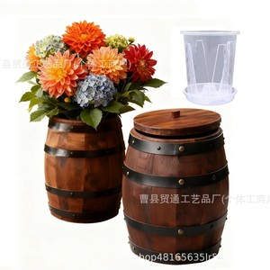 Vase en bois en forme de baril à vin avec couvercle, seau de rangement rond pour une utilisation décorative à la maison - Product Image 3