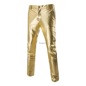 Pantaloni Slim da uomo metallizzati argento dorato Night Club pantaloni da ballo Hip-Hop da palcoscenico pantaloni da uomo con gamba dritta