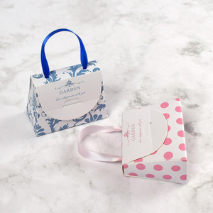 Hb Small Handbag <b>Gift</b> Box 8.5x4x6.5cm Paper Folding With Handle For Mini Lipstick Packaging Retro Blue Pink Polka Dot Design - Product Image 2